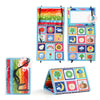 A set of high-contrast crinkle cloth books and a tummy time mirror for babies featuring bright colors and shapes.