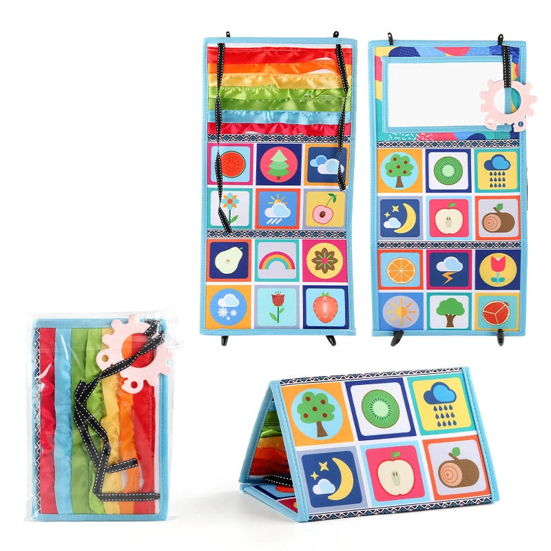 A set of high-contrast crinkle cloth books and a tummy time mirror for babies featuring bright colors and shapes.