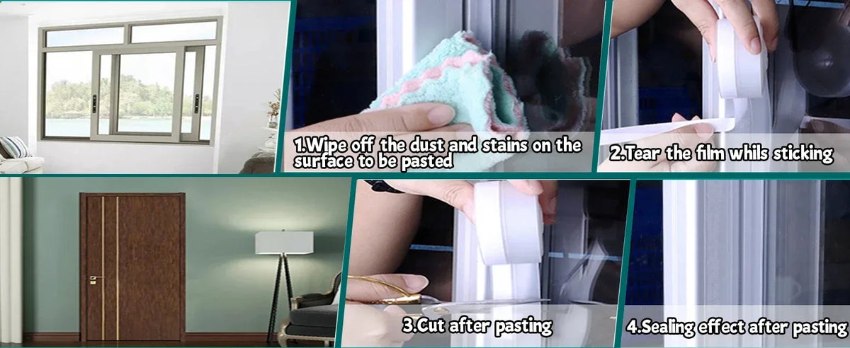 Step-by-step guide showing how to apply and seal silicone weather stripping seal tape on a door or window.