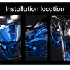 Installation location showing the placement of RGB sound-activated LED strip lights on a motorcycle engine area.