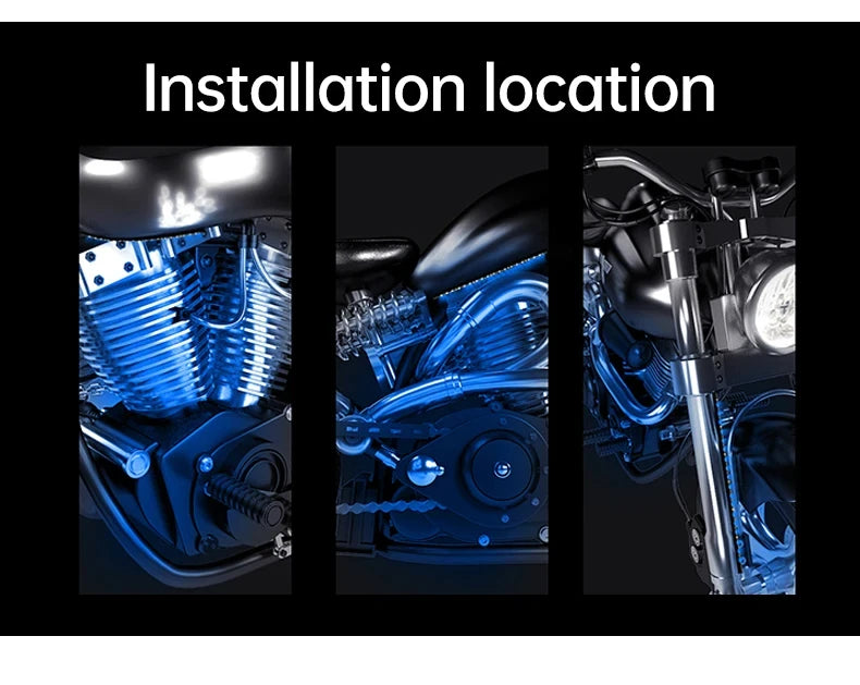 Installation location showing the placement of RGB sound-activated LED strip lights on a motorcycle engine area.