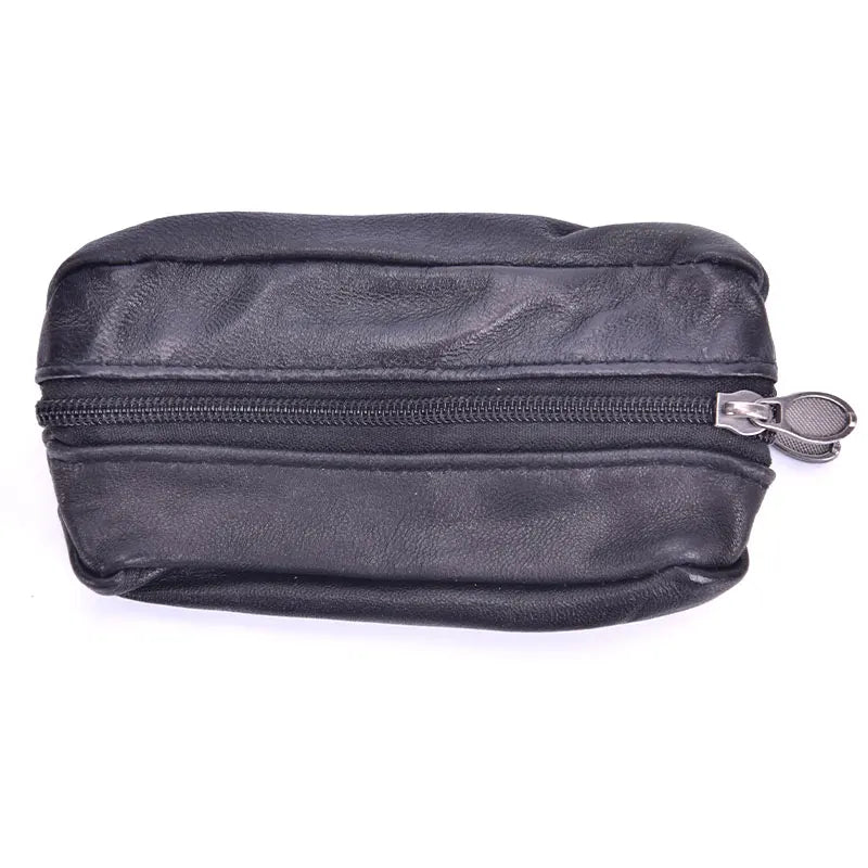 A black leather compact zippered coin purse with a metal key holder attached.
