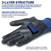 A close-up view of a black work glove showing a blue PU coating and a nylon liner on the palm.