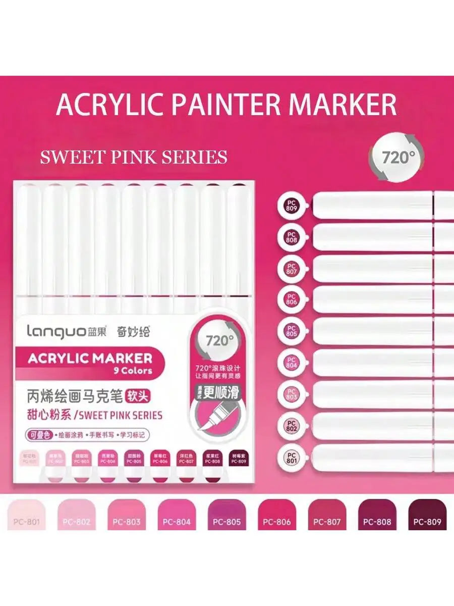 Acrylic painter marker set with 9 colors in the sweet pink series featuring 720 degree tips