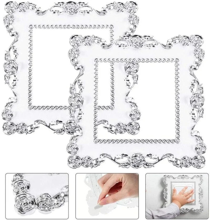 Clear switch cover frame with an elegant rose pattern design shown in multiple angles.