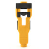 Yellow door latch mortise installation kit with a black guide and chisel tool.