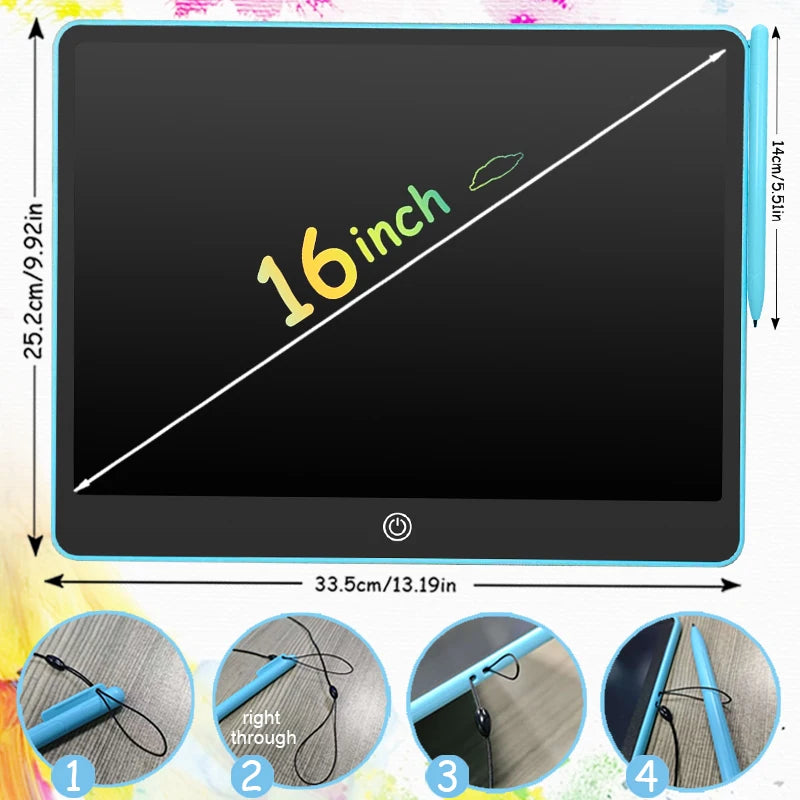 A black LCD writing tablet is shown with a stylus pen and various usage angles.