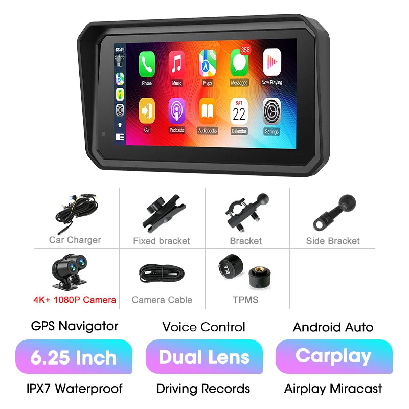 5/6.25 Inch Waterproof Motorcycle GPS with CarPlay and Android Auto