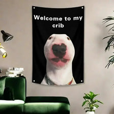 A black tapestry wall hanging featuring a white dog's face with a heart-shaped nose, welcoming viewers to its crib.