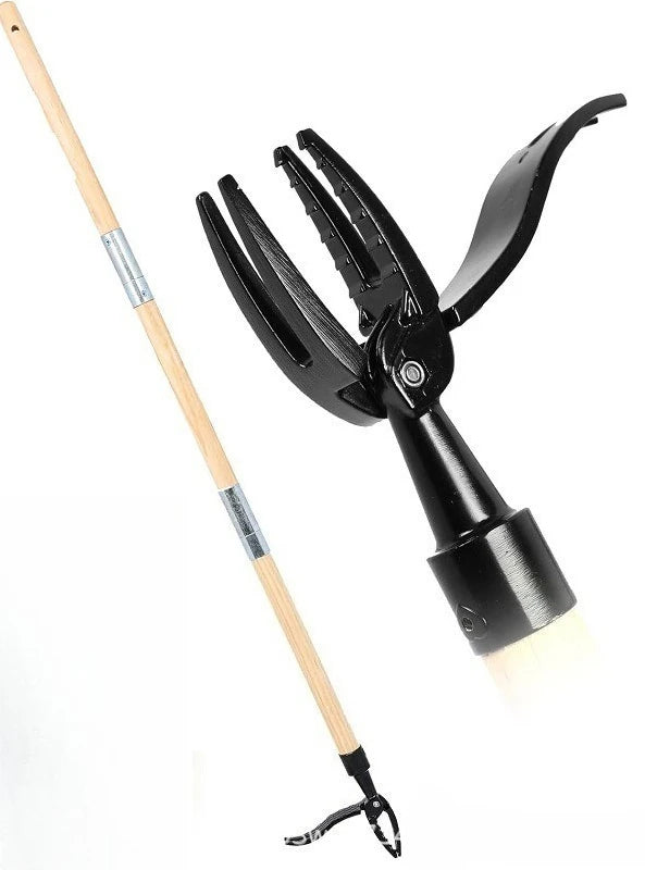 A black weed puller tool with a long wooden handle and adjustable claw for pulling weeds.