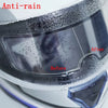Close-up view showing anti-rain film on a motorcycle helmet lens, demonstrating the difference before and after application.