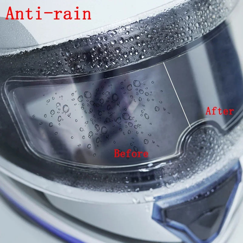 Close-up view showing anti-rain film on a motorcycle helmet lens, demonstrating the difference before and after application.