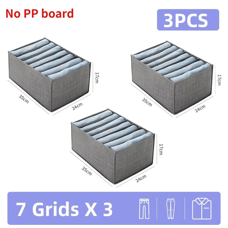 Three gray PP board foldable closet organizer boxes with seven grids each for storing undergarments and accessories