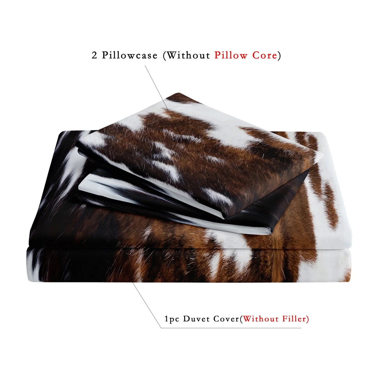 A set of cow print duvet covers and pillowcases shown folded, featuring brown and white patterns.