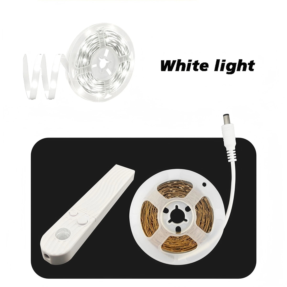 A white light bulb and a motion-activated LED strip light with a dual color mode are shown.