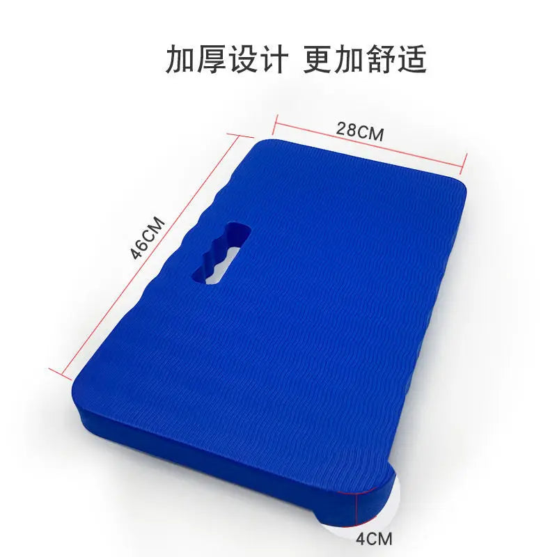 Blue high-density foam kneeling pad with a handle, designed to make kneeling easier.