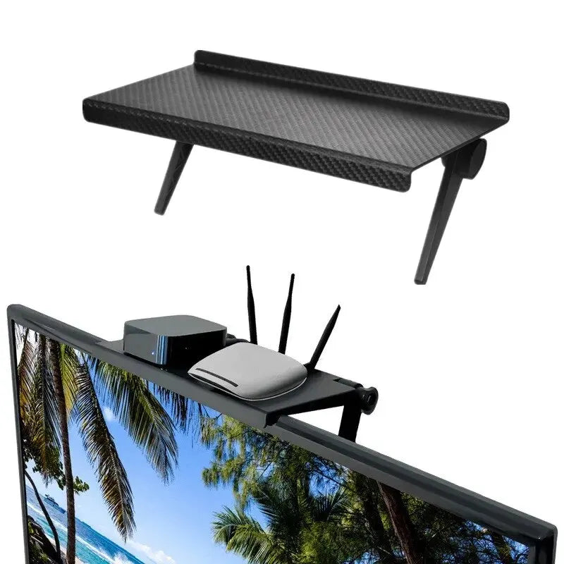 Schwarzes vielseitiges Rack zur Aufbewahrung von Computer- und TV-Bildschirmen, montiert auf einem Monitor.
