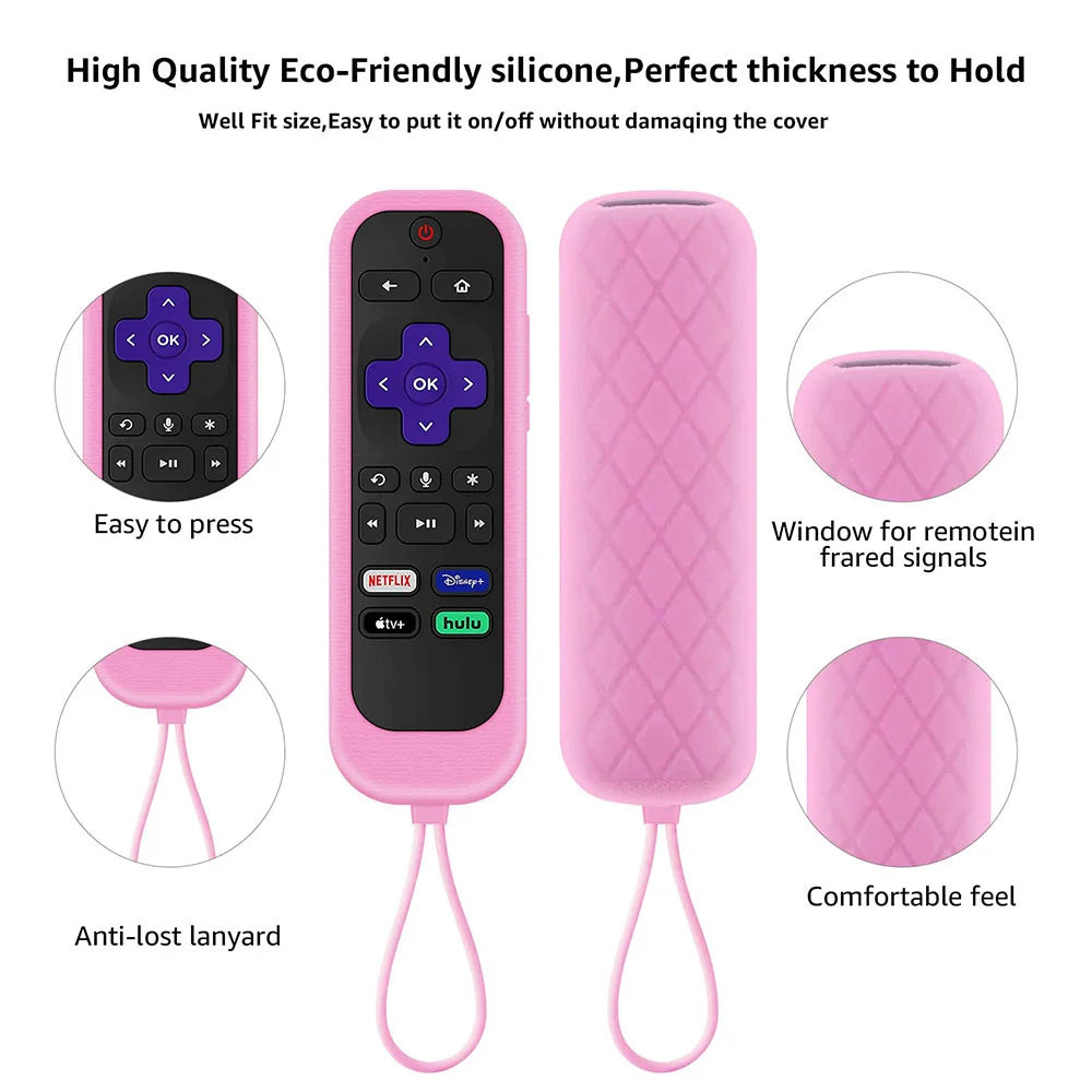 Pink silicone remote control cover with a lanyard and textured grip for TV remotes