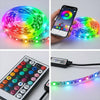 A smart music-sync LED strip light is shown in various forms, including a circular light and a flexible strip, with an accomp