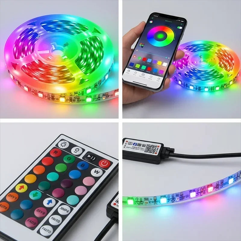 A smart music-sync LED strip light is shown in various forms, including a circular light and a flexible strip, with an accomp