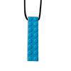 A teal silicone sensory chew necklace pendant with a black cord.