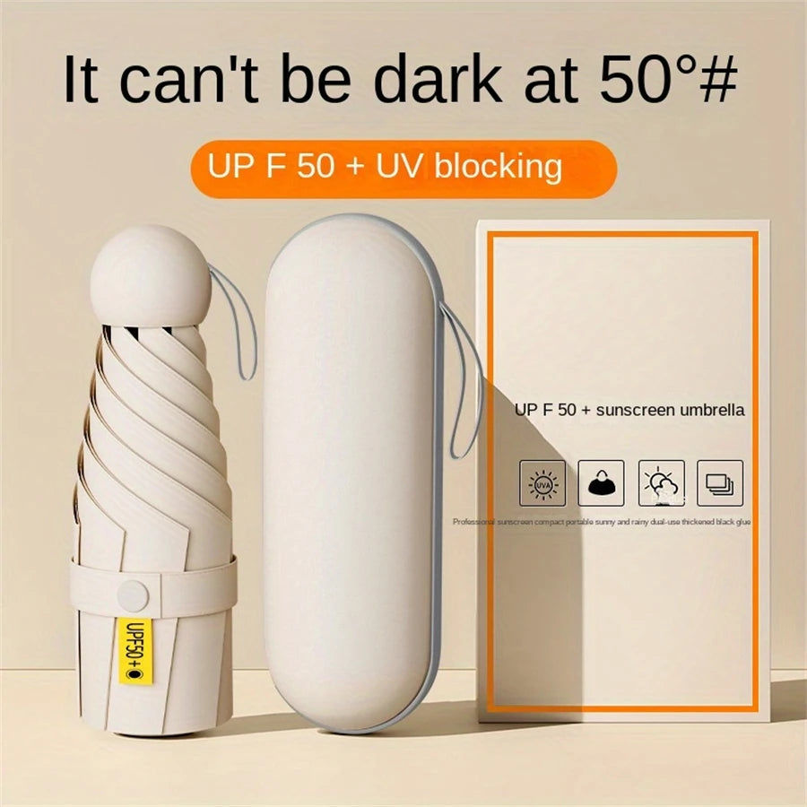 A white compact UV-protection folding umbrella is shown next to a cylindrical device, with text indicating it can be dark at 