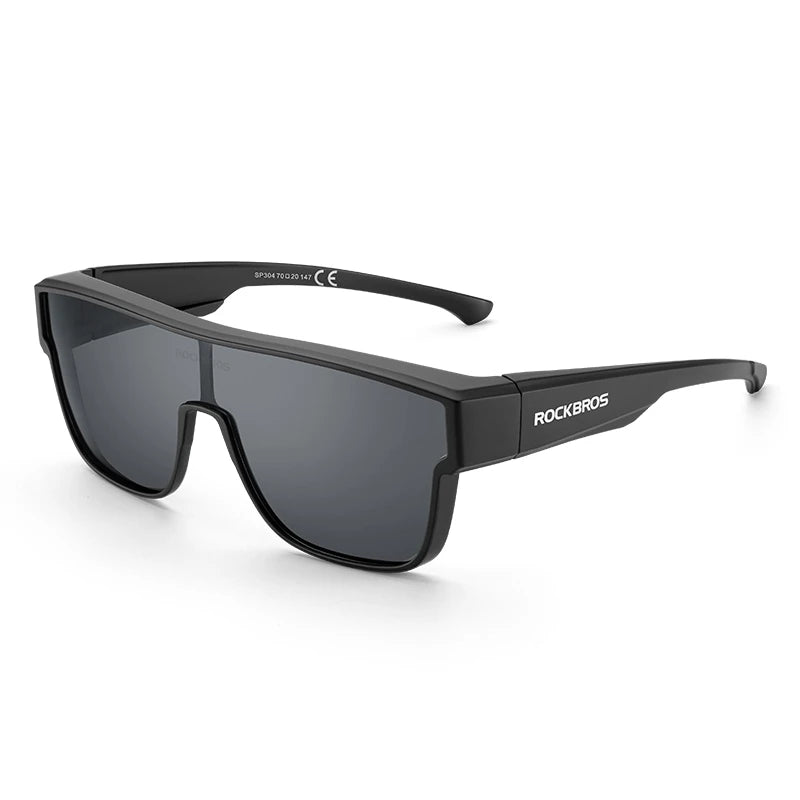 Black Rockbros polarized sunglasses with a black clip-on arm shown against a white background.
