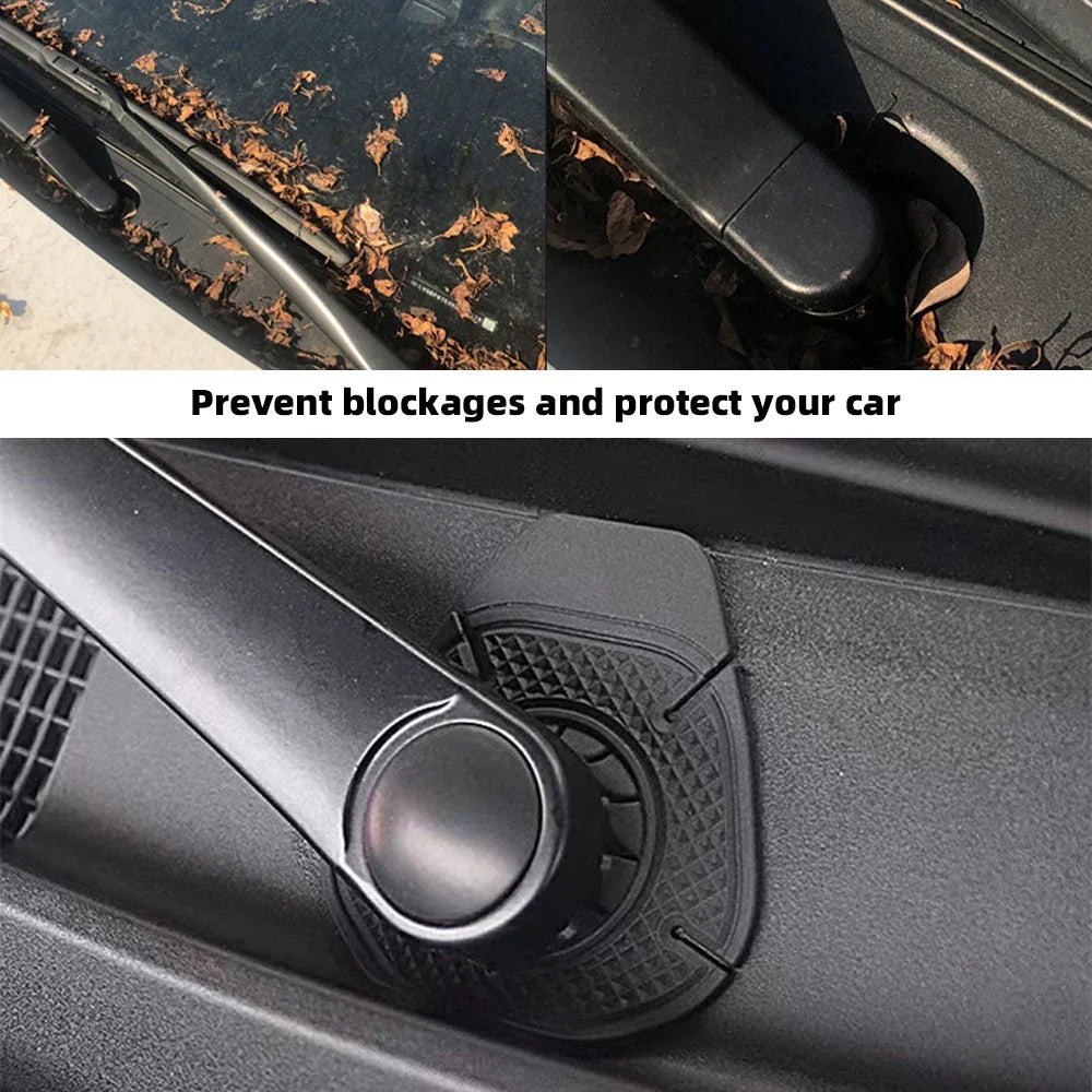 Close-up of a black car windshield wiper blade with protective covers installed to prevent blockages.