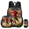 A black backpack and a pencil bag set featuring images of a football player in a red jersey.