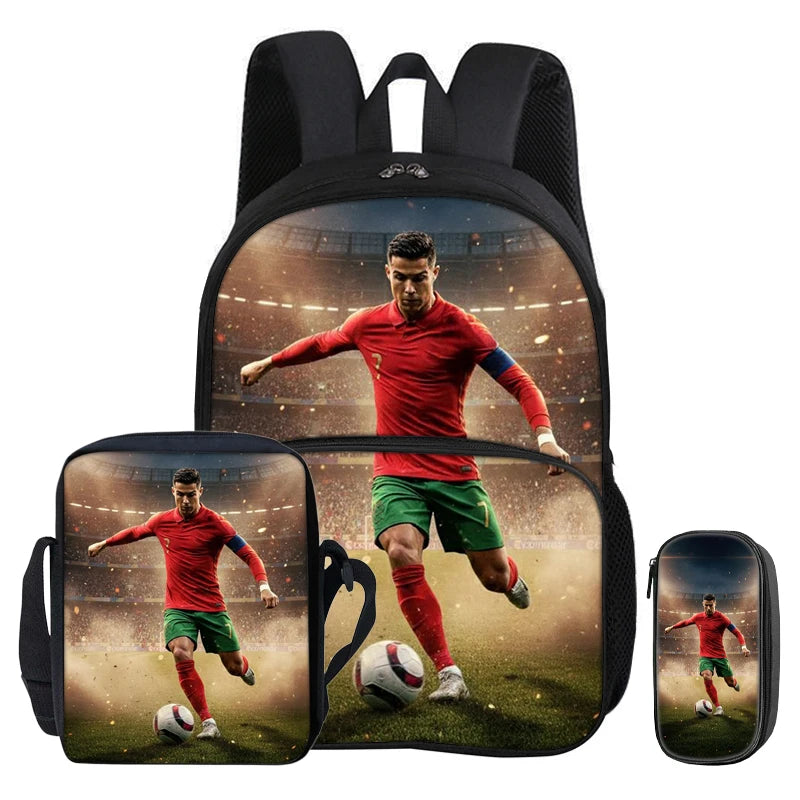 A black backpack and a pencil bag set featuring images of a football player in a red jersey.