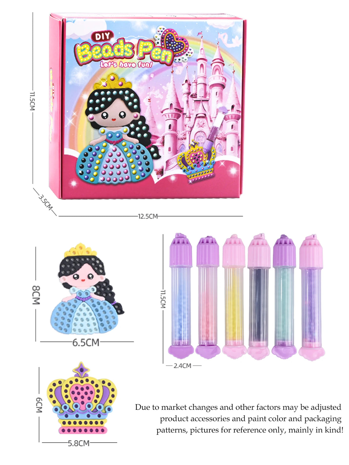 A box of DIY Beaded Pen craft kit featuring princess and rainbow designs, including a beaded pen and crown.