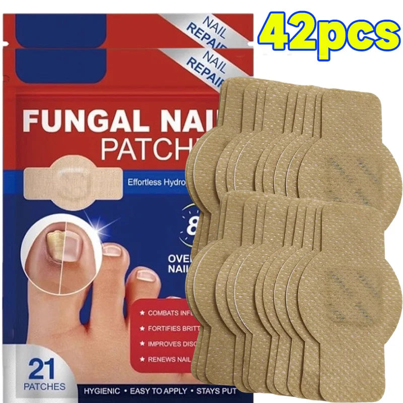 A package of 42 disposable fungal nail patches for nail repair and hygiene.