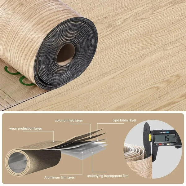 Rollo de veta de madera con azulejos autoadhesivos para suelo, mostrando varias capas incluyendo película de aluminio y trans