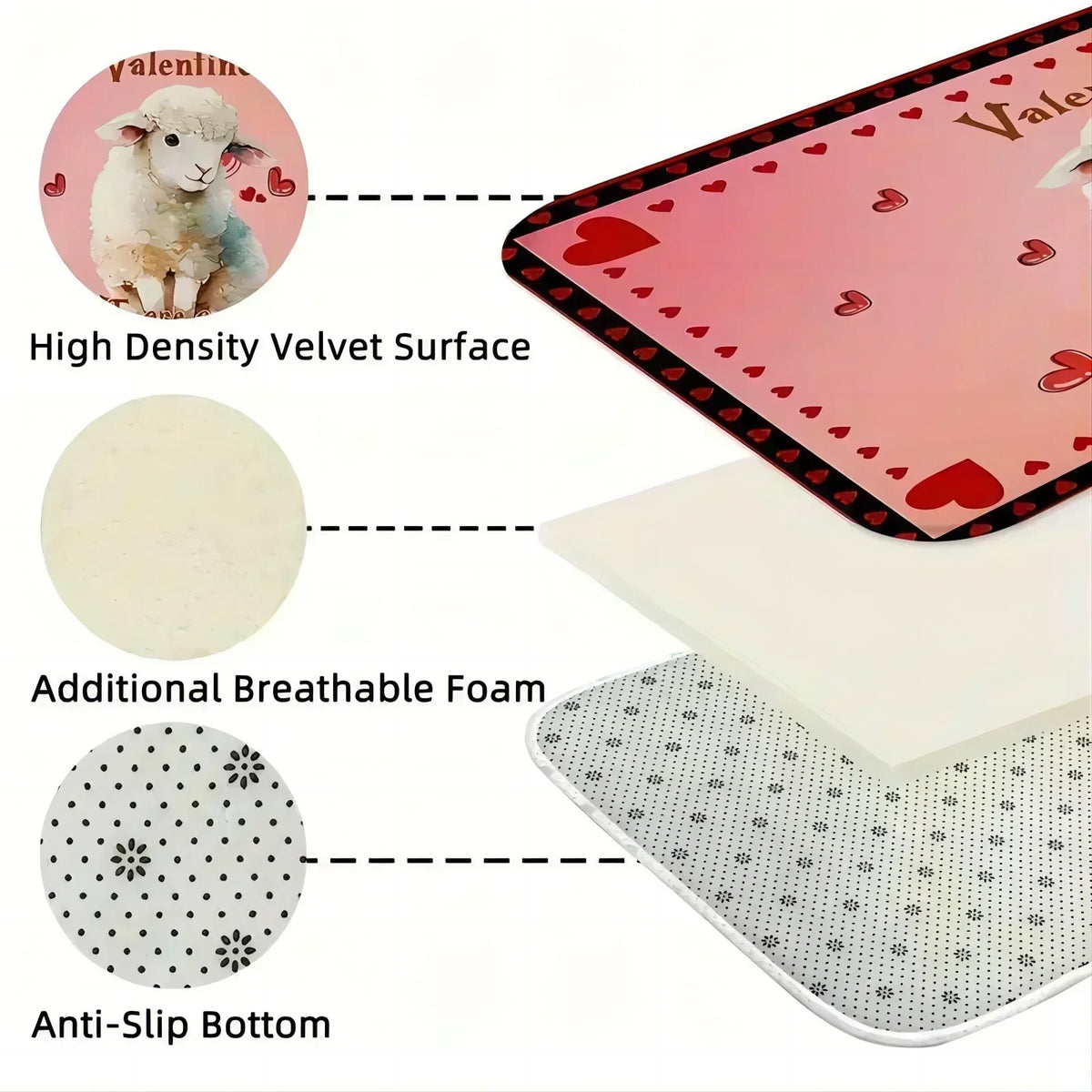 Close-up view of a pink heart-patterned silicone mat with a velvet surface and anti-slip bottom