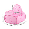 A pink foldable pop-up play tent for kids shown with dimensions and a star pattern.