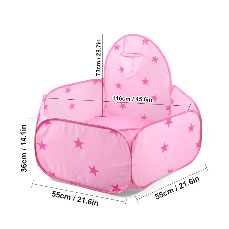 A pink foldable pop-up play tent for kids shown with dimensions and a star pattern.