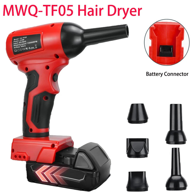 Red and black MWQ-TF05 hair dryer with various attachments for styling hair