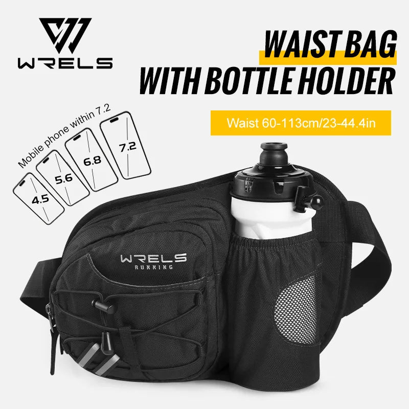 Black Wrels running waist bag with a bottle holder shown against a white background.