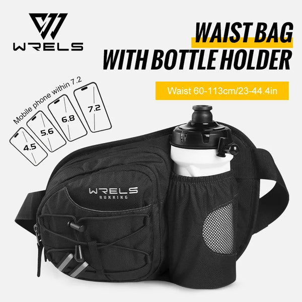 Black Wrels running waist bag with a bottle holder shown against a white background.