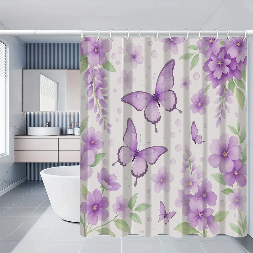 A purple floral shower curtain set featuring peonies and butterflies hanging in a bathroom.
