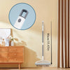 A white detachable broom with a silicone scraper is shown next to a wooden cabinet and a measuring scale.