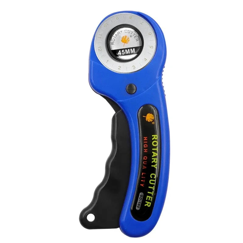 A blue rotary cutter sewing kit with a black handle and a clear cutting guide.