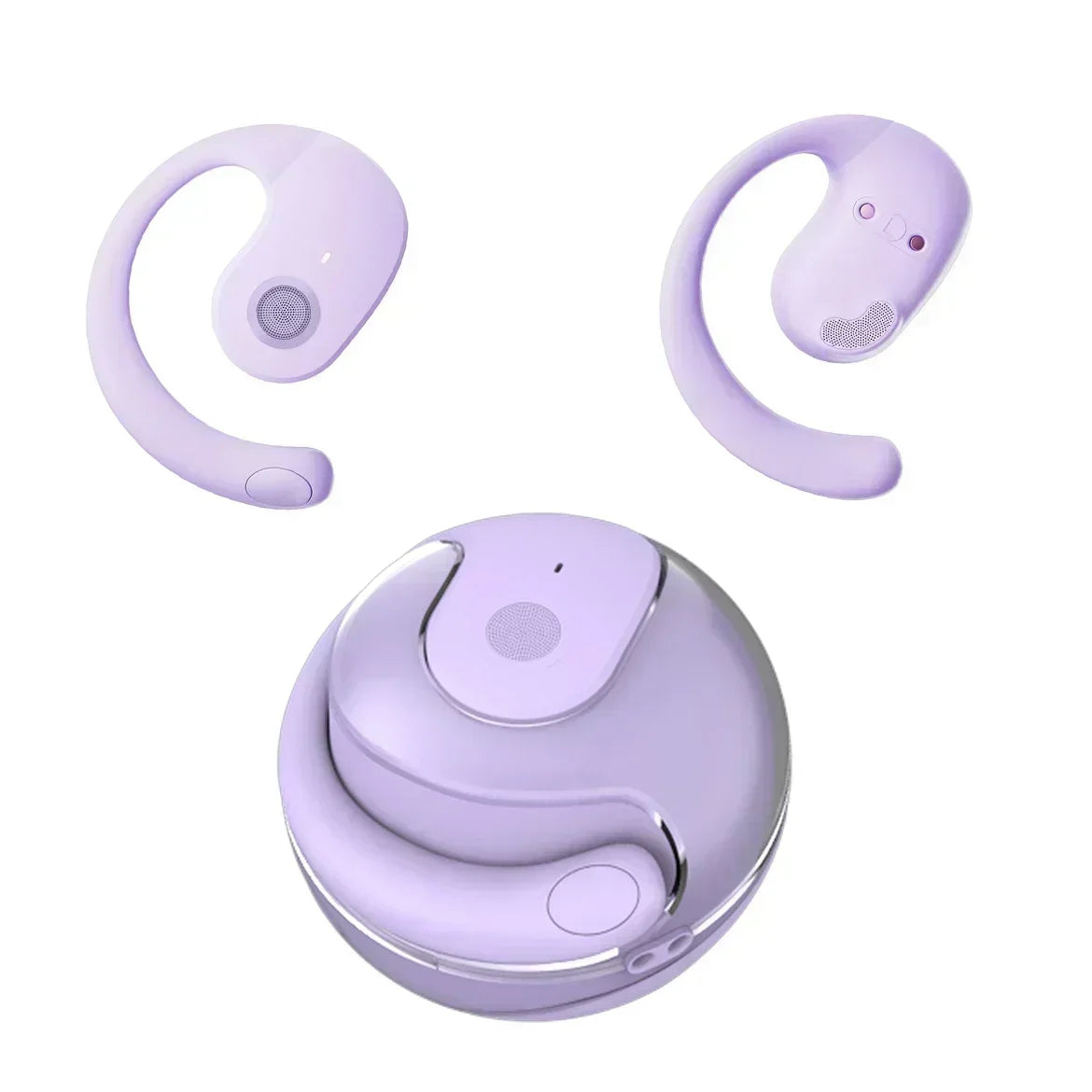 A set of lavender real-time translation earbuds, including a main unit and two ear pieces.