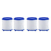 Four white rotating kitchen faucet water filters with blue splash guards