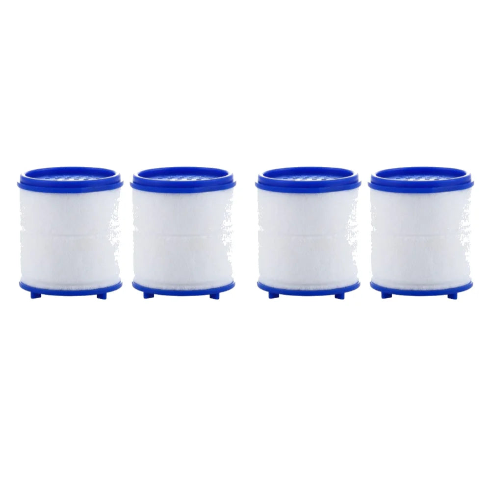 Four white rotating kitchen faucet water filters with blue splash guards