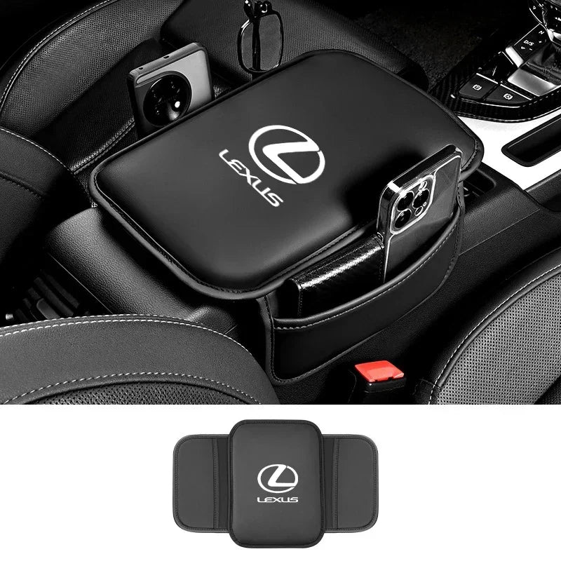 Black PU leather car armrest cover with storage bag for Lexus models