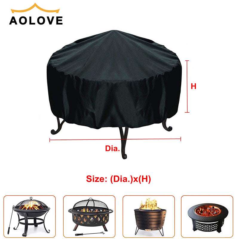 Black all-weather waterproof fire pit cover with a dome shape and stand.
