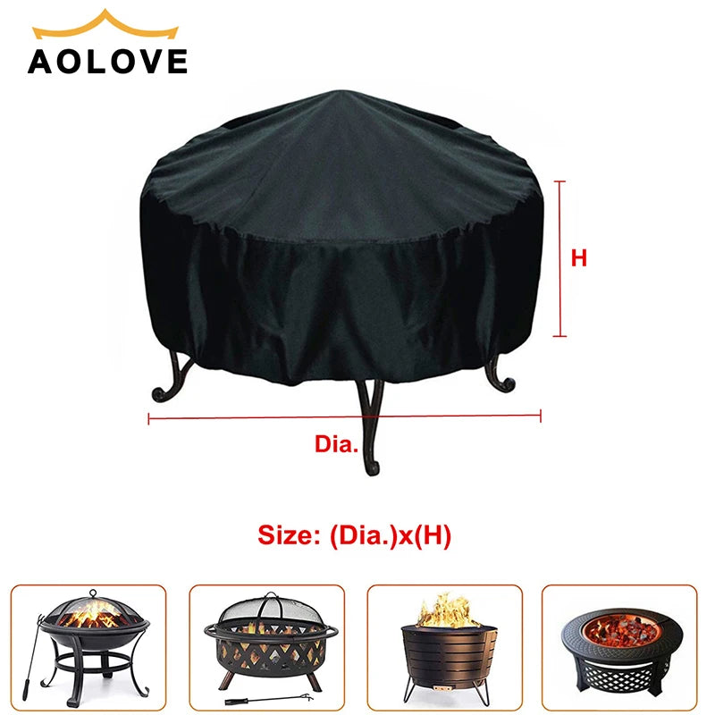 Black all-weather waterproof fire pit cover with a dome shape and stand.