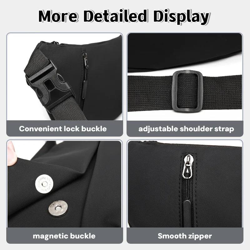 A black practical chest bag showing various features like a lock buckle, adjustable strap, magnetic buckle, and smooth zipper