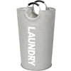 A large, collapsible, waterproof laundry basket in a light gray fabric.
